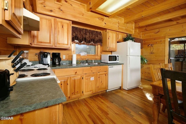 448 Silver Maple Ln, Gatlinburg, TN 37738 - kitchen with ventilation hood, light wood-style flooring, white appliances, dark countertops, and a wooden ceiling with exposed beams