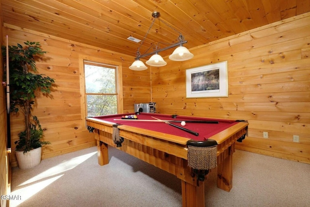 rec room featuring wood walls, wooden ceiling, light carpet, and pool table