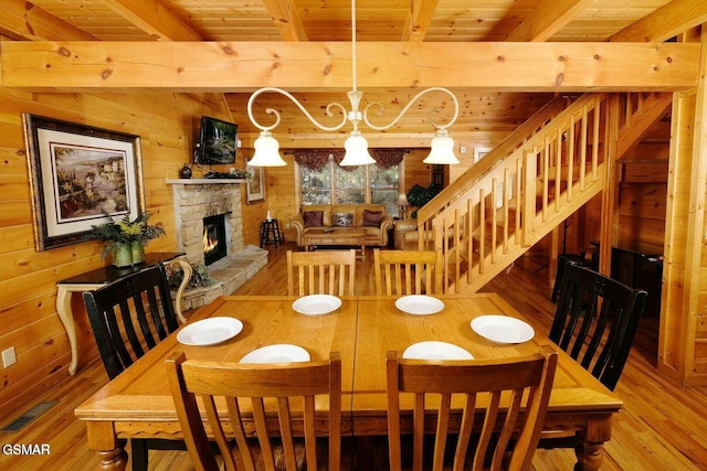 dining room featuring beam ceiling, a stone fireplace, wood walls, and wood ceiling