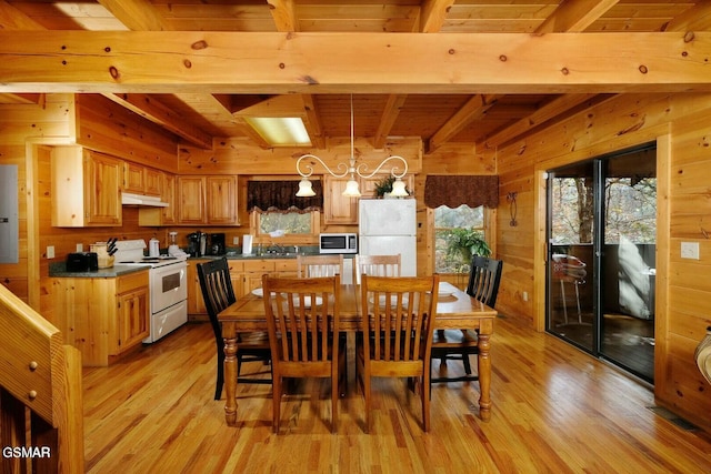 dining room featuring beamed ceiling, wood walls, wood ceiling, and light hardwood / wood-style flooring