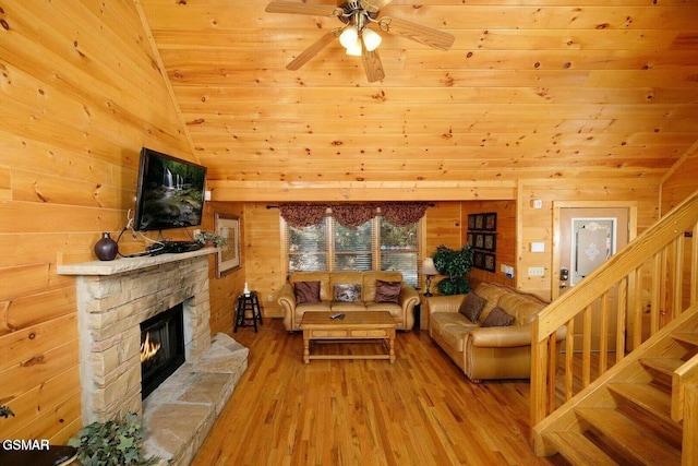 448 Silver Maple Ln, Gatlinburg, TN 37738 - living area featuring wood ceiling, wooden walls, vaulted ceiling, wood finished floors, and stairway