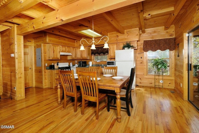 dining area featuring beamed ceiling, electric panel, wood walls, light hardwood / wood-style floors, and wood ceiling