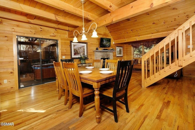 dining space with wood ceiling, wooden walls, light hardwood / wood-style flooring, beamed ceiling, and a chandelier