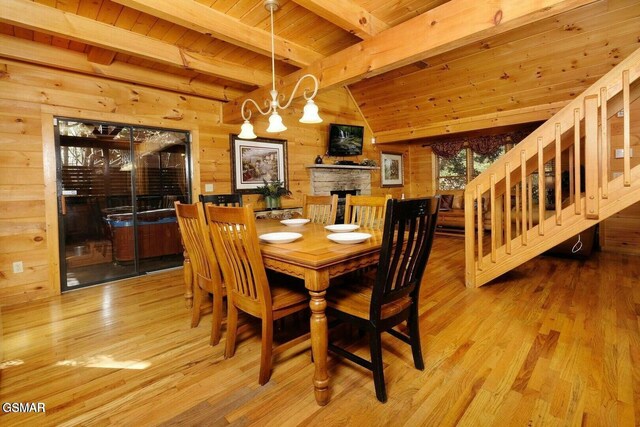 448 Silver Maple Ln, Gatlinburg, TN 37738 - dining area with wood ceiling, wood walls, wood finished floors, stairs, and a stone fireplace