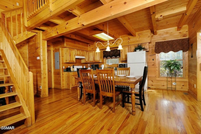 dining room featuring wood walls, electric panel, light hardwood / wood-style flooring, beamed ceiling, and wood ceiling