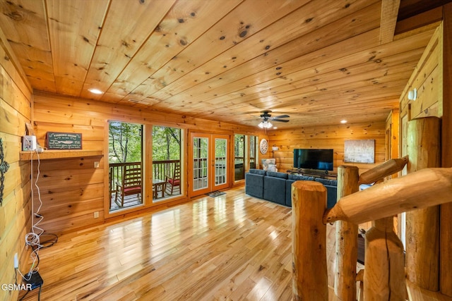 3216 Emerald Springs Loop, Sevierville, TN 37862 - living room featuring french doors, wooden ceiling, light wood finished floors, a ceiling fan, and wood walls