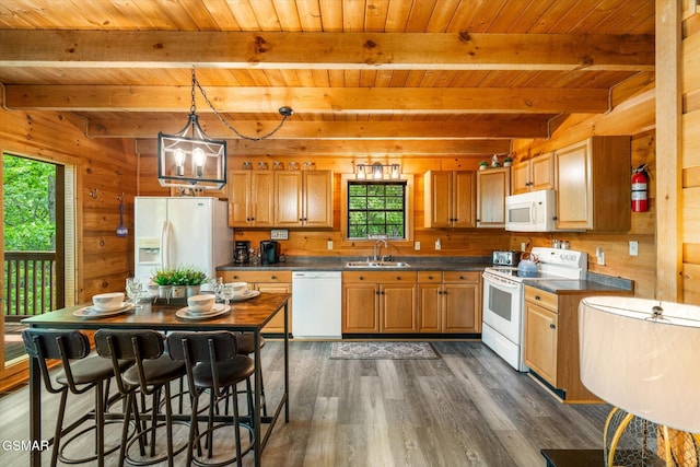 3216 Emerald Springs Loop, Sevierville, TN 37862 - kitchen with white appliances, a sink, plenty of natural light, wood ceiling, and wood walls