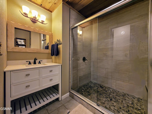 full bath with tile patterned floors, a stall shower, and vanity