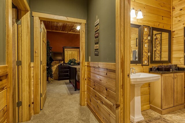 bathroom featuring wood walls