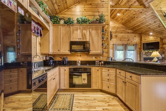 kitchen with black appliances, dark stone countertops, wood ceiling, and sink