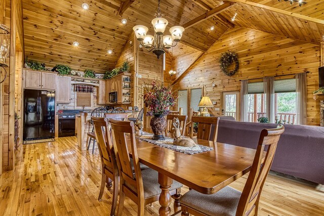 dining space with beamed ceiling, high vaulted ceiling, wood ceiling, and light hardwood / wood-style flooring