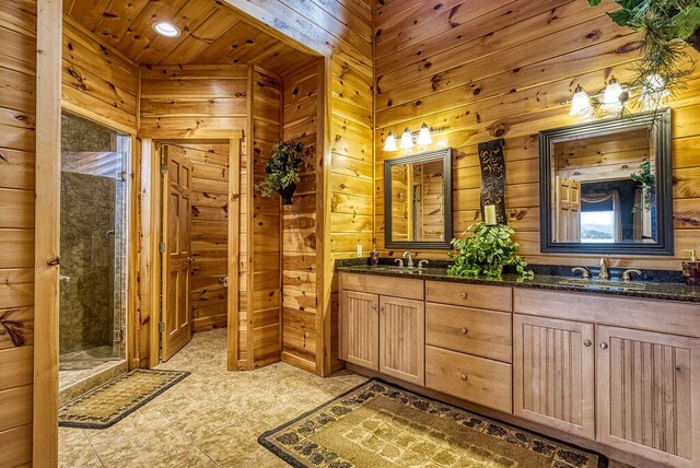 bathroom featuring vanity, walk in shower, wooden walls, and wood ceiling