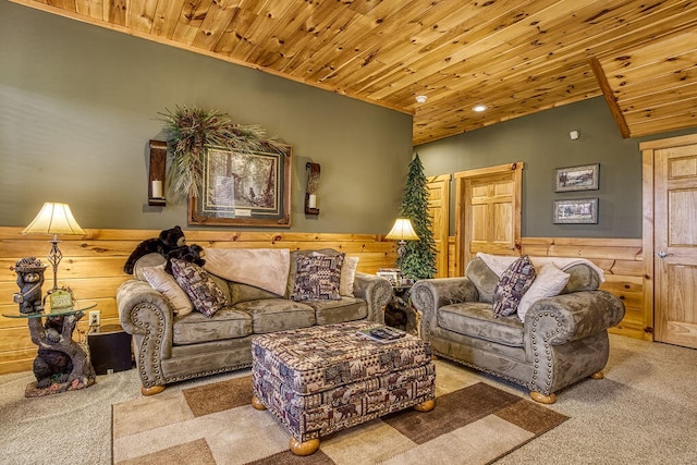 carpeted living room featuring wood walls and wood ceiling