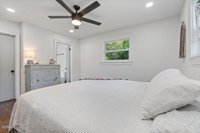 4325 San Juan Ln, Knoxville, TN 37914 - bedroom with dark wood-type flooring, recessed lighting, ceiling fan, and ensuite bathroom