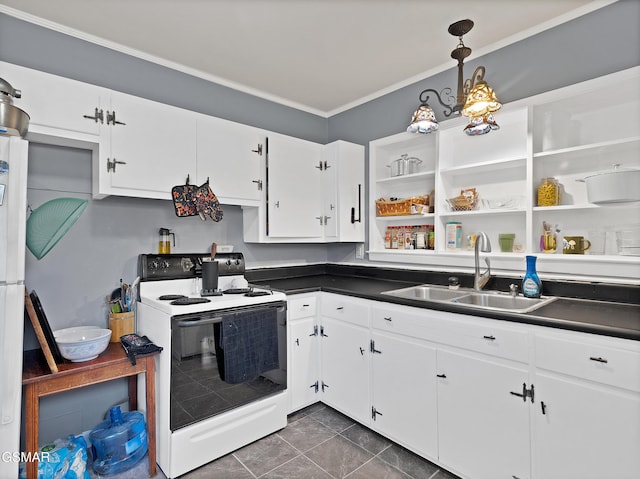 kitchen featuring white range with electric stovetop, decorative light fixtures, white cabinetry, sink, and ornamental molding