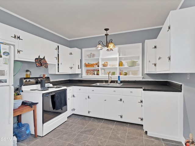 kitchen featuring pendant lighting, sink, white appliances, and white cabinets