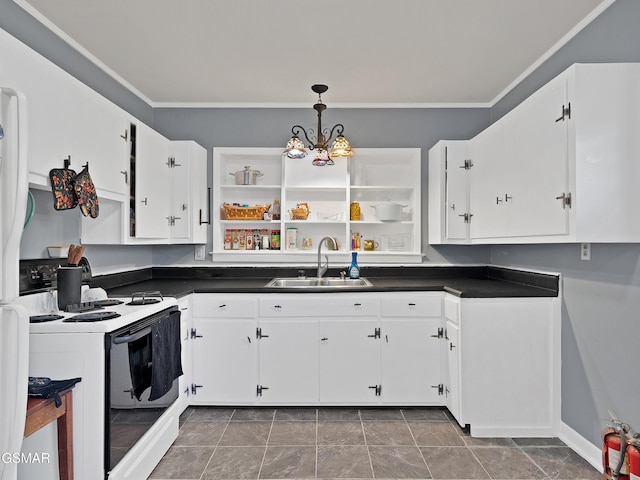 kitchen with sink, crown molding, hanging light fixtures, and white cabinets