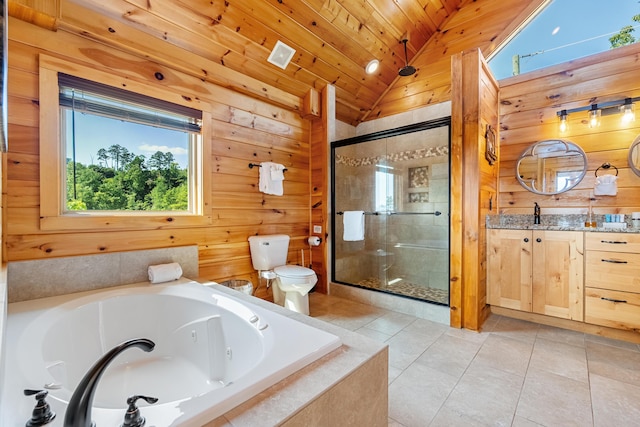 full bathroom with wooden ceiling, lofted ceiling, toilet, vanity, and independent shower and bath