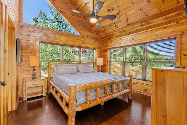 bedroom with dark hardwood / wood-style flooring, ceiling fan, wooden walls, and multiple windows