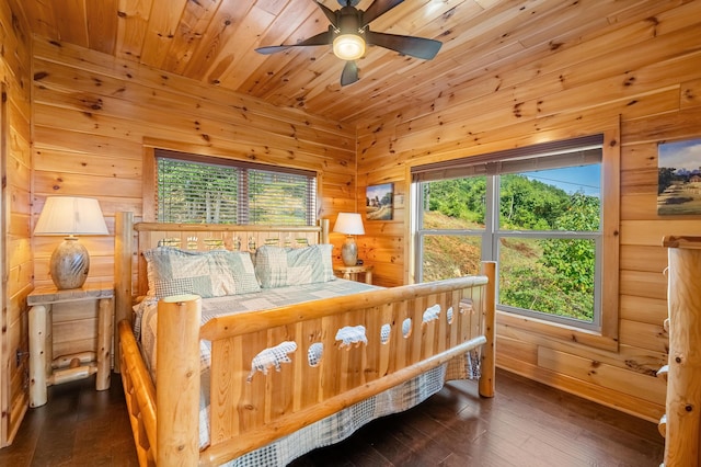 bedroom featuring wood walls, ceiling fan, dark hardwood / wood-style floors, and wood ceiling