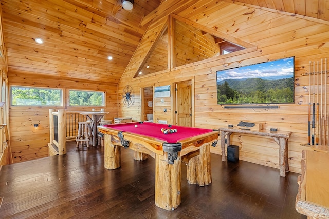 recreation room featuring dark wood-type flooring, wooden ceiling, and pool table