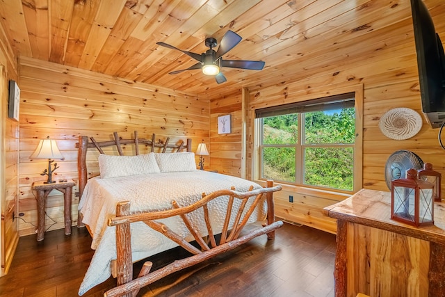 bedroom with dark hardwood / wood-style flooring, ceiling fan, and wooden ceiling