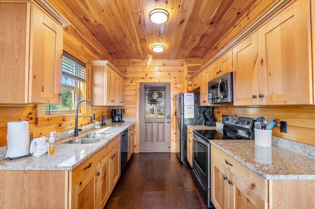 kitchen with light brown cabinetry, wooden ceiling, sink, and black appliances