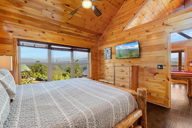 bedroom featuring lofted ceiling, ceiling fan, wooden walls, and wood ceiling