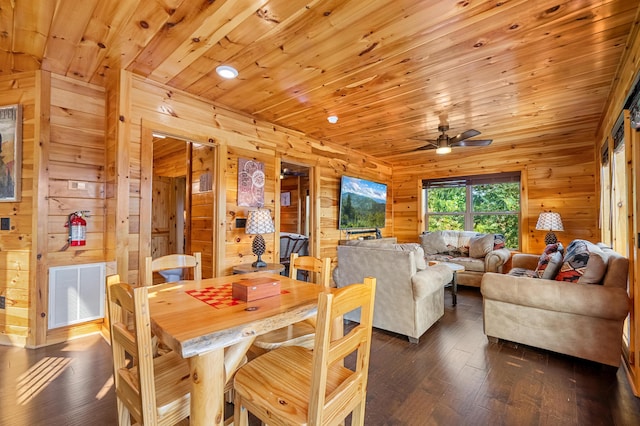 dining area featuring dark hardwood / wood-style floors, ceiling fan, wooden ceiling, and wooden walls