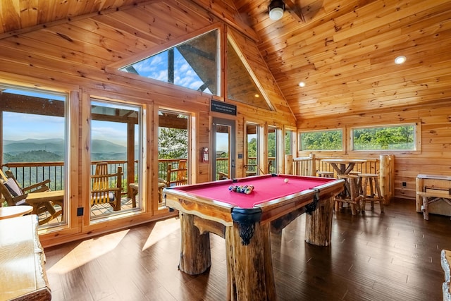 playroom featuring a mountain view, wooden ceiling, billiards, bar, and wood-type flooring