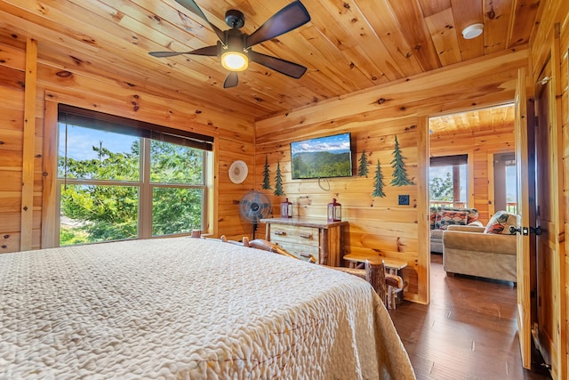 bedroom with dark hardwood / wood-style flooring, wooden walls, ceiling fan, and wooden ceiling