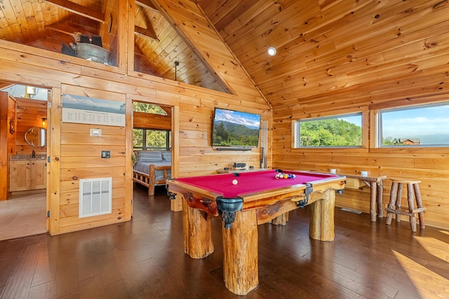 game room with wooden ceiling, high vaulted ceiling, wood walls, and billiards