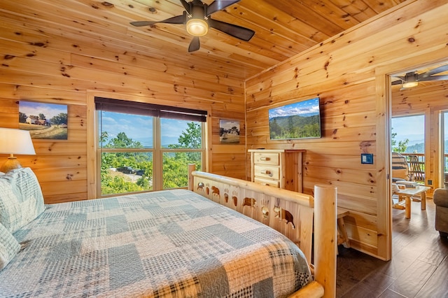 bedroom with dark hardwood / wood-style floors, multiple windows, wooden ceiling, and ceiling fan