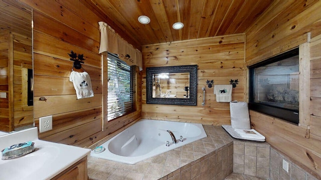 bathroom featuring wooden ceiling, wooden walls, and tiled tub