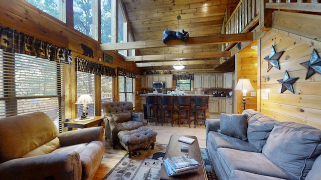 living room featuring high vaulted ceiling, light hardwood / wood-style floors, and wooden walls