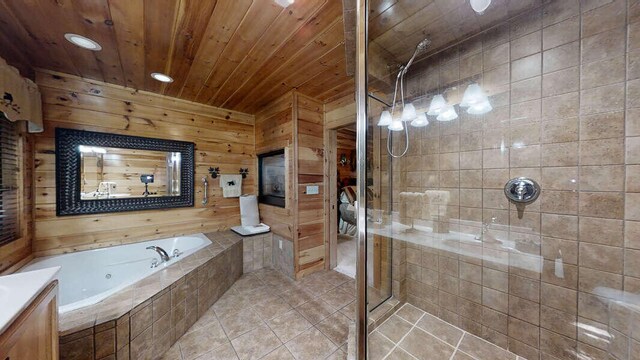 bathroom with tile patterned flooring, vanity, wooden ceiling, and independent shower and bath