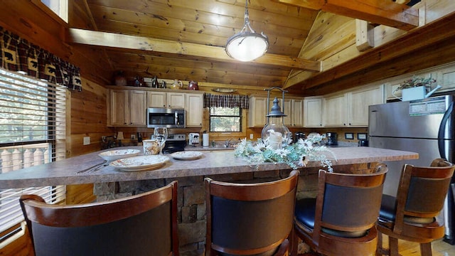 kitchen featuring wood walls, hanging light fixtures, vaulted ceiling with beams, wood ceiling, and stainless steel appliances