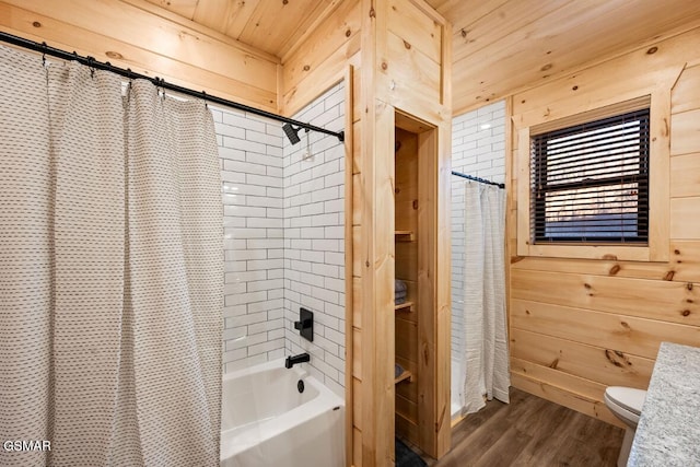 full bathroom featuring wooden walls, toilet, wooden ceiling, wood finished floors, and shower / bathtub combination with curtain