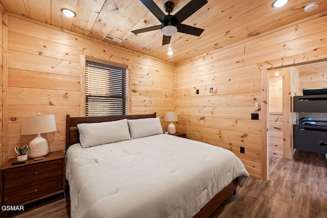 bedroom featuring dark hardwood / wood-style flooring, wooden ceiling, and wood walls