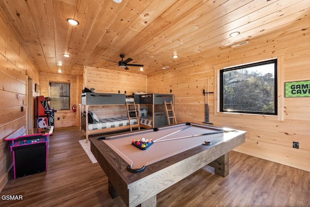 rec room with hardwood / wood-style flooring, billiards, wood ceiling, and wood walls