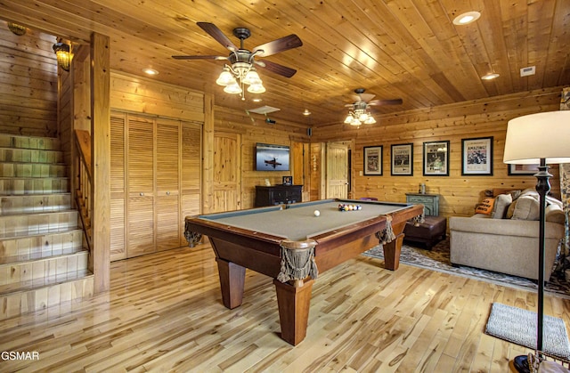 playroom with a ceiling fan, pool table, wood walls, light wood-type flooring, and recessed lighting