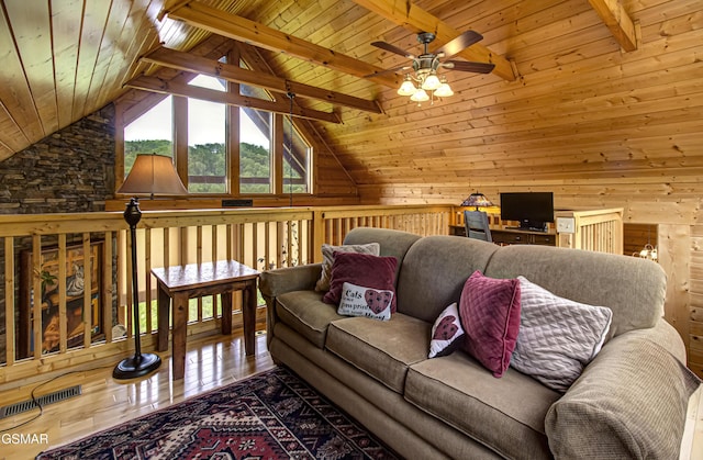living room with visible vents, hardwood / wood-style floors, ceiling fan, wooden walls, and wood ceiling