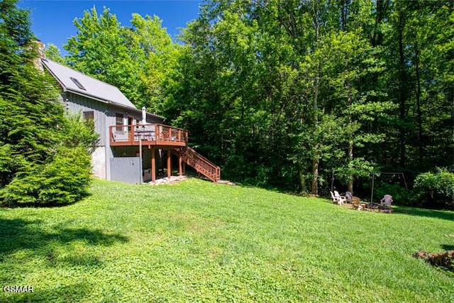 3637 Marshall Ln, Sevierville, TN 37862 - view of green lawn with stairs, a deck, and a wooded view