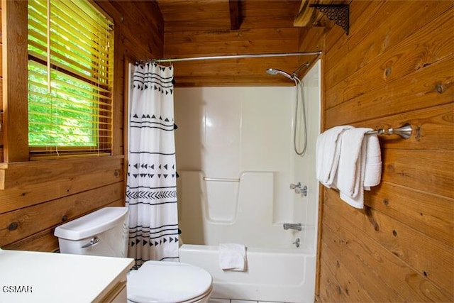 3637 Marshall Ln, Sevierville, TN 37862 - bathroom with wood walls, vanity, and shower / tub combo with curtain