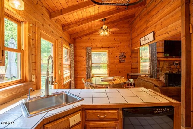 3637 Marshall Ln, Sevierville, TN 37862 - kitchen featuring tile counters, a fireplace, wooden walls, a ceiling fan, and wood ceiling