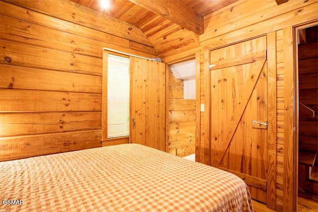 3637 Marshall Ln, Sevierville, TN 37862 - bedroom featuring wood ceiling, a relaxing sauna, wood walls, and wood finished floors