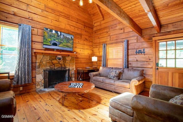 3637 Marshall Ln, Sevierville, TN 37862 - living room featuring wooden ceiling, a stone fireplace, hardwood / wood-style flooring, and wooden walls