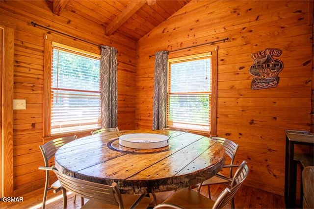 3637 Marshall Ln, Sevierville, TN 37862 - dining room with wood ceiling, hardwood / wood-style floors, and wooden walls