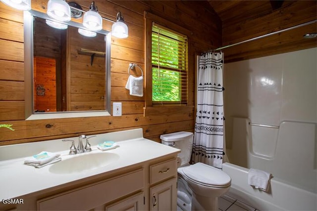 3637 Marshall Ln, Sevierville, TN 37862 - full bathroom with wood walls, vanity, shower / tub combo with curtain, and tile patterned flooring