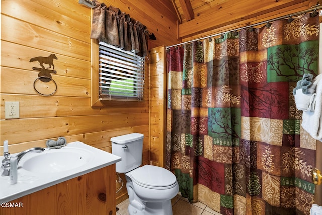 2494 Black Bear Ridge Way, Sevierville, TN 37862 - bathroom featuring wood walls, tile patterned floors, vanity, and a shower with curtain